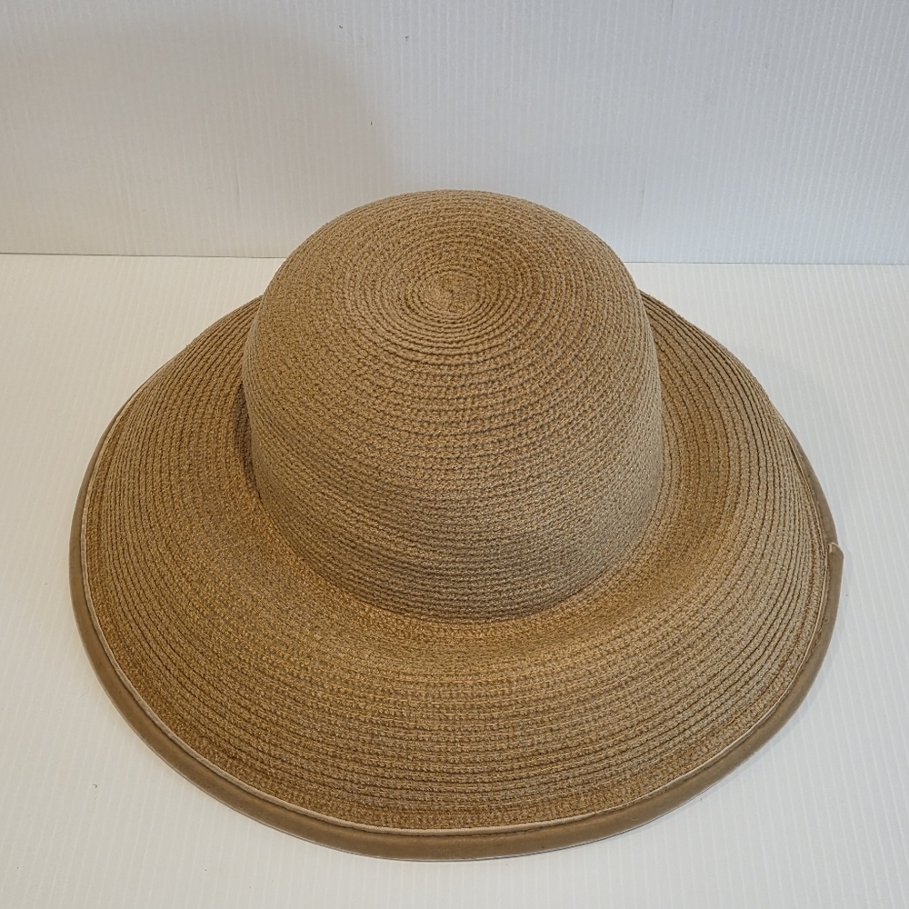 Vintage Kokin Straw Sun Hat Wide Brim Cap Beige Couture Round Crown Packable OS - Picture 6 of 16